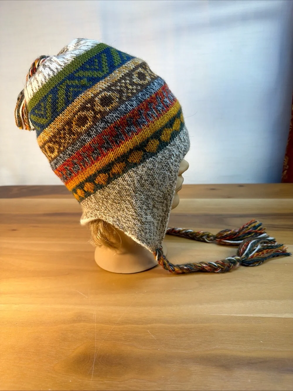 Soft Baby Alpaca Reversible Chullo Beanie Hat Beige Unisex Colorful Boho Peru